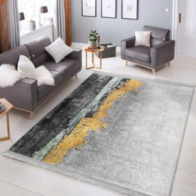 Gold - Gri Zeminde Eskitme Motifli Yağlı Boya Desenli Modern Klasik Salon & Oturma Odası Banyo Dijital Baskılı Makinede Yıkanabilir Kaymaz Taban Saçaklı Halı