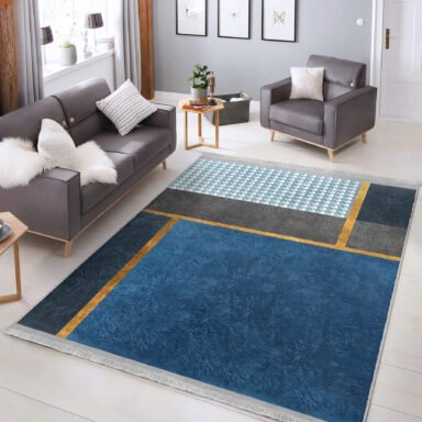 Mavi Zeminde Geometrik Motifli Kazayağı Desenli Geometrik Sade & Şık Salon & Oturma Odası Banyo Dijital Baskılı Makinede Yıkanabilir Kaymaz Taban Saçaklı Halı
