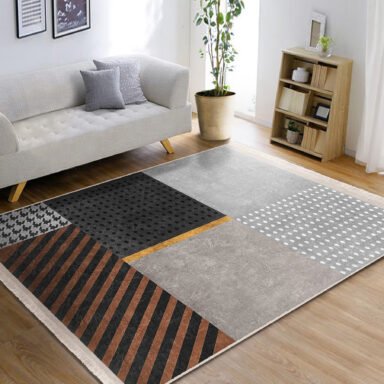 Gri Zeminde Geometrik Motifli Kazayağı Desenli Geometrik Modern Salon & Oturma Odası Ofis Dijital Baskılı Makinede Yıkanabilir Kaymaz Taban Saçaklı Halı