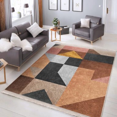 Kahverengi Zeminde Geometrik Motifli Modern Desenli Geometrik Klasik Salon & Oturma Odası Koridor & Antre Dijital Baskılı Makinede Yıkanabilir Kaymaz Taban Saçaklı Halı