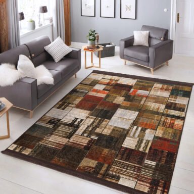 Kahverengi Zeminde Yağlı Boya Motifli Modern Sanat Desenli Klasik Modern Salon & Oturma Odası Yatak Odası Dijital Baskılı Makinede Yıkanabilir Kaymaz Taban Saçaklı Halı