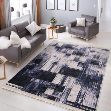Mavi Zeminde Yağlı Boya Motifli Eskitme Desenli Modern Sade & Şık Salon & Oturma Odası Balkon Dijital Baskılı Makinede Yıkanabilir Kaymaz Taban Saçaklı Halı