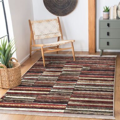 Kahverengi Zeminde Patchwork Motifli Kırkyama Desenli Vintage Klasik Salon & Oturma Odası Yatak Odası Dijital Baskılı Makinede Yıkanabilir Kaymaz Taban Saçaklı Halı