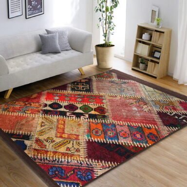 Kırmızı Zeminde Patchwork Motifli Kırkyama Desenli Vintage Etnik Motifler Salon & Oturma Odası Koridor & Antre Dijital Baskılı Makinede Yıkanabilir Kaymaz Taban Saçaklı Halı