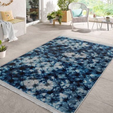Lacivert Zeminde Geometrik Motifli Mürekkep Desenli Modern Eskitme Motifli Salon & Oturma Odası Banyo Dijital Baskılı Makinede Yıkanabilir Kaymaz Taban Saçaklı Halı