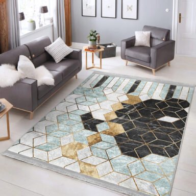 Gold- Siyah Zeminde Mozaik Motifli Geometrik Desenli Geometrik Klasik Salon & Oturma Odası Banyo Dijital Baskılı Makinede Yıkanabilir Kaymaz Taban Saçaklı Halı