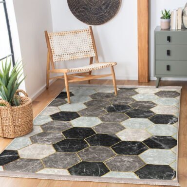 Siyah - Kahvernegi Zeminde Geometrik Motifli Altıgen Desenli Geometrik Klasik Salon & Oturma Odası Mutfak Dijital Baskılı Makinede Yıkanabilir Kaymaz Taban Saçaklı Halı
