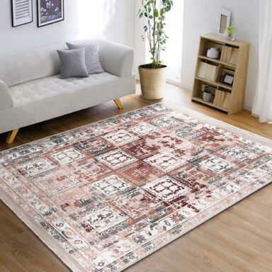 Krem Zeminde Etnik Motifli Geleneksel Desenli Eskitme Motifli Vintage Salon & Oturma Odası Banyo Dijital Baskılı Makinede Yıkanabilir Kaymaz Taban Saçaklı Halı