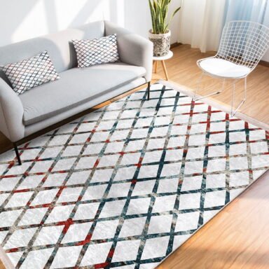 Beyaz Zeminde Geometrik Motifli Eskitme Desenli Geometrik Sade & Şık Banyo Mutfak Dijital Baskılı Makinede Yıkanabilir Kaymaz Taban Saçaklı Halı