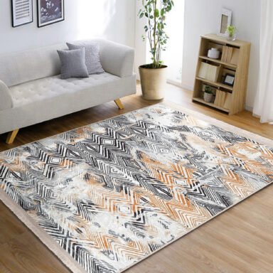 Siyah - Bej Zeminde Geometrik Motifli Eskitme Desenli Geometrik Klasik Salon & Oturma Odası banyo Dijital Baskılı Makinede Yıkanabilir Kaymaz Taban Saçaklı Halı