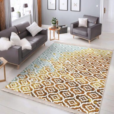 Altın Zeminde Geometrik Motifli Modern Sanat Desenli Geometrik eskitme Motifli Salon & Oturma Odası Koridor & Antre Dijital Baskılı Makinede Yıkanabilir Kaymaz Taban Saçaklı Halı
