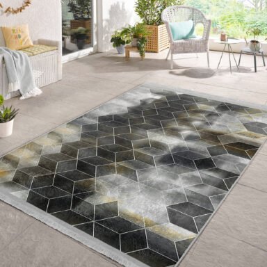 Siyah - Bej Zeminde Geometrik Motifli Klasik Desenli Geometrik Sade & Şık Banyo Koridor & Antre Dijital Baskılı Makinede Yıkanabilir Kaymaz Taban Saçaklı Halı