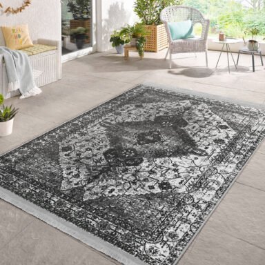 Gri Zeminde Etnik Motifli Antik Desenli Vintage Eskitme Motifli Salon & Oturma Odası Yatak Odası Dijital Baskılı Makinede Yıkanabilir Kaymaz Taban Saçaklı Halı
