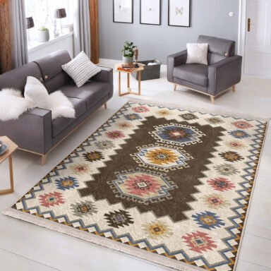 Kahverengi Zeminde Etnik Motifli Kilim Desenli Avangarde Vintage Salon & Oturma Odası Yatak Odası Dijital Baskılı Makinede Yıkanabilir Kaymaz Taban Saçaklı Halı