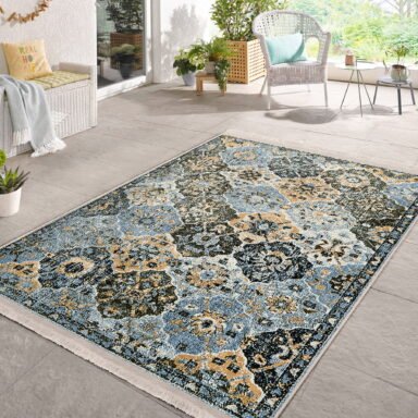 Mavi Zeminde Kilim Motifli Uşak Desenli Vintage Avangarde Salon & Oturma Odası Koridor & Antre Dijital Baskılı Makinede Yıkanabilir Kaymaz Taban Saçaklı Halı