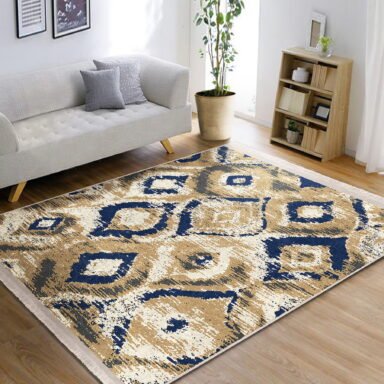 Lacivert - Bej Zeminde İkat Motifli Vintage Desenli Geometrik Eskitme Motifli Koridor & Antre Salon & Oturma Odası Dijital Baskılı Makinede Yıkanabilir Kaymaz Taban Saçaklı Halı