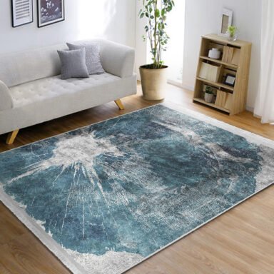 Mavi - Gri Zeminde Eskitme Motifli Retro Desenli Eskitme Motifli Vintage Yatak Odası Yatak Odası Dijital Baskılı Makinede Yıkanabilir Kaymaz Taban Saçaklı Halı