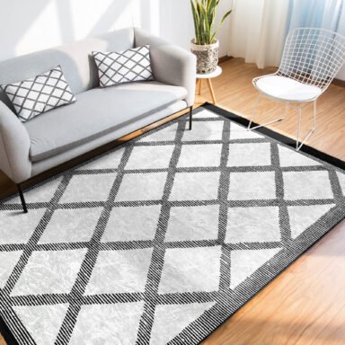 Siyah - Beyaz Zeminde Geometrik Motifli Baklava Desenli Geometrik Sade & Şık Salon & Oturma Odası Ofis Dijital Baskılı Makinede Yıkanabilir Kaymaz Taban Saçaklı Halı
