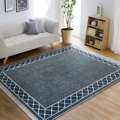 Mavi Zeminde Çerçeveli Motifli Örgü Desenli Klasik Geometrik Salon & Oturma Odası Yatak Odası Dijital Baskılı Makinede Yıkanabilir Kaymaz Taban Saçaklı Halı