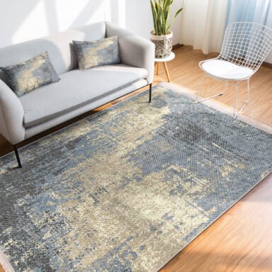 Mavi - Krem Zeminde Eskitme Motifli Antik Desenli Eskitme Motifli Vintage Salon & Oturma Odası Dış Mekan & Outdoor Dijital Baskılı Makinede Yıkanabilir Kaymaz Taban Saçaklı Halı