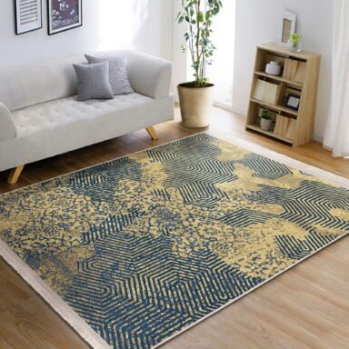 Sarı Zeminde Eskitme Motifli Geometrik Desenli Eskitme Motifli Geometrik Salon & Oturma Odası Yatak Odası Dijital Baskılı Makinede Yıkanabilir Kaymaz Taban Saçaklı Halı
