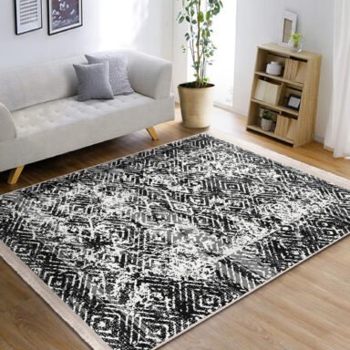 Siyah Zeminde Eskitme Motifli Geleneksel Desenli Geometrik Eskitme Motifli Koridor & Antre Salon & Oturma Odası Dijital Baskılı Makinede Yıkanabilir Kaymaz Taban Saçaklı Halı