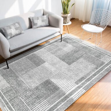 Gri Zeminde Çerçeveli Motifli Dokuma Halı Desenli Geometrik Sade & Şık Koridor & Antre Salon & Oturma Odası Dijital Baskılı Makinede Yıkanabilir Kaymaz Taban Saçaklı Halı