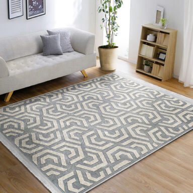 Gri Zeminde Geometrik Motifli Klasik Desenli Geometrik Klasik Koridor & Antre Salon & Oturma Odası Dijital Baskılı Makinede Yıkanabilir Kaymaz Taban Saçaklı Halı