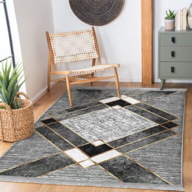 Gri Zeminde Geometrik Motifli Klasik Desenli Geometrik Klasik Mutfak Salon & Oturma Odası Dijital Baskılı Makinede Yıkanabilir Kaymaz Taban Saçaklı Halı