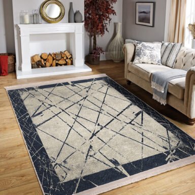 Krem - Mavi Zeminde Çerçeveli Motifli Çizgi Desenli Vintage Eskitme Motifli Salon & Oturma Odası Dış Mekan & Outdoor Dijital Baskılı Makinede Yıkanabilir Kaymaz Taban Saçaklı Halı