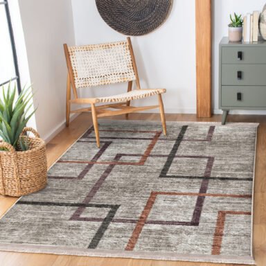 Kahverengi Zeminde Geometrik Motifli Örme Desenli Geometrik Eskitme Motifli Salon & Oturma Odası Koridor & Antre Dijital Baskılı Makinede Yıkanabilir Kaymaz Taban Saçaklı Halı