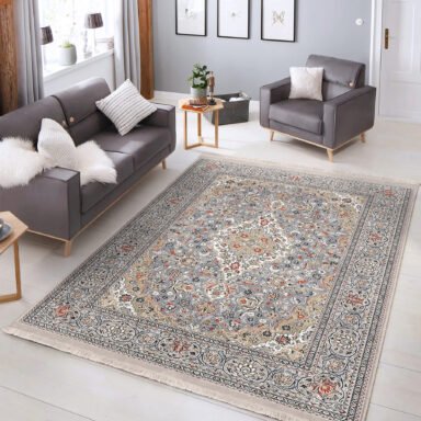 Gri Zeminde Kilim Motifli Uşak Desenli Avangarde Vintage Salon & Oturma Odası Yatak Odası Dijital Baskılı Makinede Yıkanabilir Kaymaz Taban Saçaklı Halı