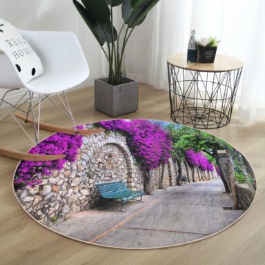 Mor Sarmaşık Desenli Dijital Baskılı Pembe Oturma Odası Yıkanabilir Kaymaz Tabanlı Yuvarlak Halı