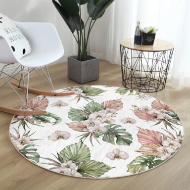 Tropik Yaprak Motifli Modern Yeşil Salon Ve Oturma Odası Yıkanabilir Kaymaz Tabanlı Yuvarlak Halı