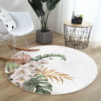 Tropik Yaprak Motifli Dijital Baskılı Yeşil Oturma Odası Yıkanabilir Kaymaz Tabanlı Yuvarlak Halı