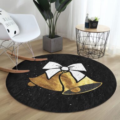 Siyah Zemin Sarı Çan Desenli Modern Salon Ve Oturma Odası Yıkanabilir Kaymaz Tabanlı Yuvarlak Halı