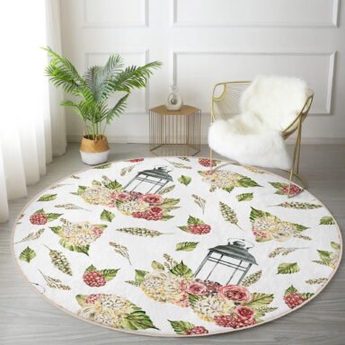 Çiçek Çizimli Dijital Baskılı Yeşil Salon Ve Oturma Odası Yıkanabilir Kaymaz Tabanlı Yuvarlak Halı