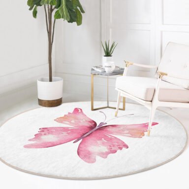 Beyaz Zemin Pembe Kelebek Tasarımlı Çocuk Ve Genç Odası Yıkanabilir Kaymaz Tabanlı Yuvarlak Halı