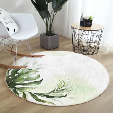 Yeşil Tropik Yaprak Motifli Modern Salon Ve Oturma Odası Yıkanabilir Kaymaz Tabanlı Yuvarlak Halı
