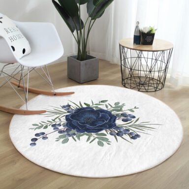 Pastel Mavi Gül Desenli Dijital Baskılı Lacivert Mutfak Yıkanabilir Kaymaz Tabanlı Yuvarlak Halı