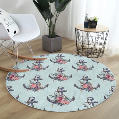 Mint Yeşili Zemin Çapa Tasarımlı Turkuaz Outdoor Yıkanabilir Kaymaz Tabanlı Yuvarlak Halı