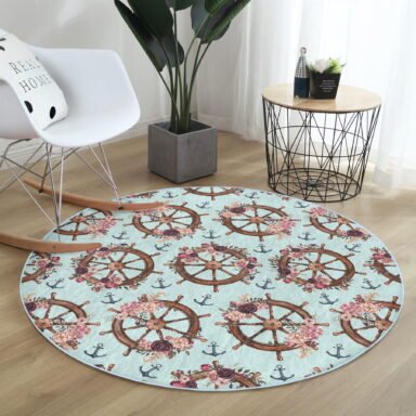 Mint Yeşili Zeminli Dümen Tasarımlı Turkuaz Outdoor Yıkanabilir Kaymaz Tabanlı Yuvarlak Halı