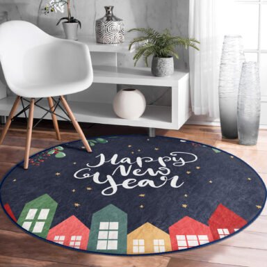 Happy New Year Tasarımlı Dijital Baskılı Lacivert Outdoor Yıkanabilir Kaymaz Tabanlı Yuvarlak Halı