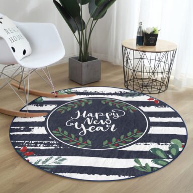 Lacivert Çizgili Happy New Year Motifli Modern Outdoor Yıkanabilir Kaymaz Tabanlı Yuvarlak Halı