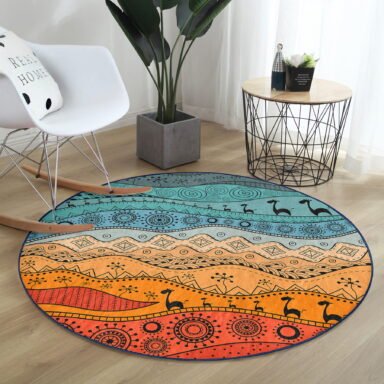 Etnik Desen Tasarımlı Dijital Baskılı Modern Renkli Outdoor Yıkanabilir Kaymaz Tabanlı Yuvarlak Halı