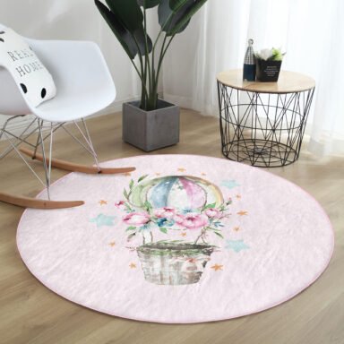 Çiçekli Balon Özel Tasarım Modern Pembe Çocuk Ve Genç Odası Yıkanabilir Kaymaz Tabanlı Yuvarlak Halı