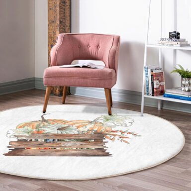Kasalı Kabak Motifli Dijital Baskılı Kahverengi Outdoor Yıkanabilir Kaymaz Tabanlı Yuvarlak Halı
