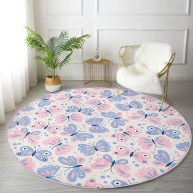 Renkli Kelebek Motifli Modern Pembe Çocuk Ve Genç Odası Yıkanabilir Kaymaz Tabanlı Yuvarlak