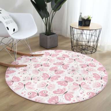 Renkli Kelebek Motifli Modern Pembe Çocuk Ve Genç Odası Yıkanabilir Kaymaz Tabanlı Yuvarlak Halı