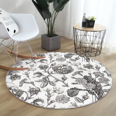 Karakalem Çiçek Desenli Modern Krem Salon Ve Oturma Odası Yıkanabilir Kaymaz Tabanlı Yuvarlak Halı
